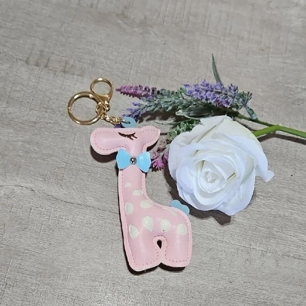 Pink 🎁 Giraffe Vegan Leather Key Ring Bag Charm with Gold Color Accents